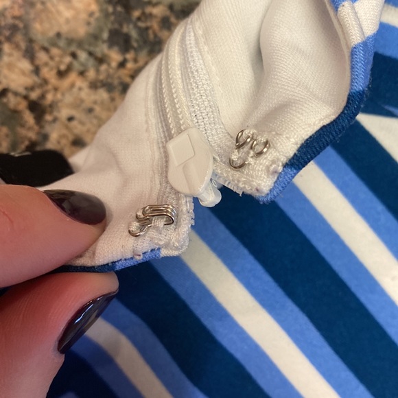 NWOT Ivanka Trump blue white geometric stripe faux wrap sheath, size M - Picture 7 of 15